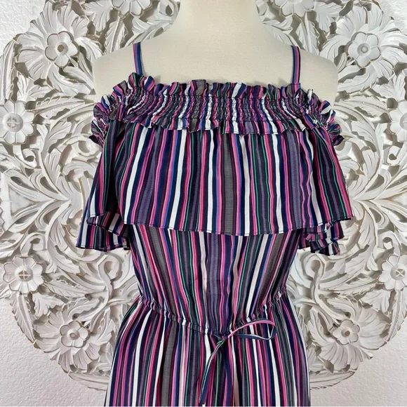 {Figue} Maya Silk Striped Cold/Off Shoulder Midi Dress, Size XS - Picture 2 of 10